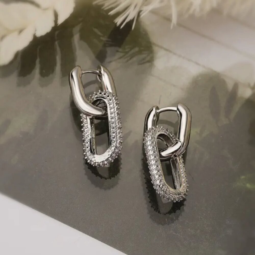 NWTs Silver Tone Double Oval Hoop Earring - Rhinestone encrusted bottom ov…
